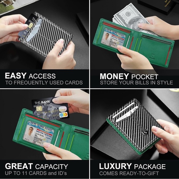 Leather Carbon Fiber RFID Blocking Minimalist Front Pocket Bifold with ID Window - Picture 4 of 6